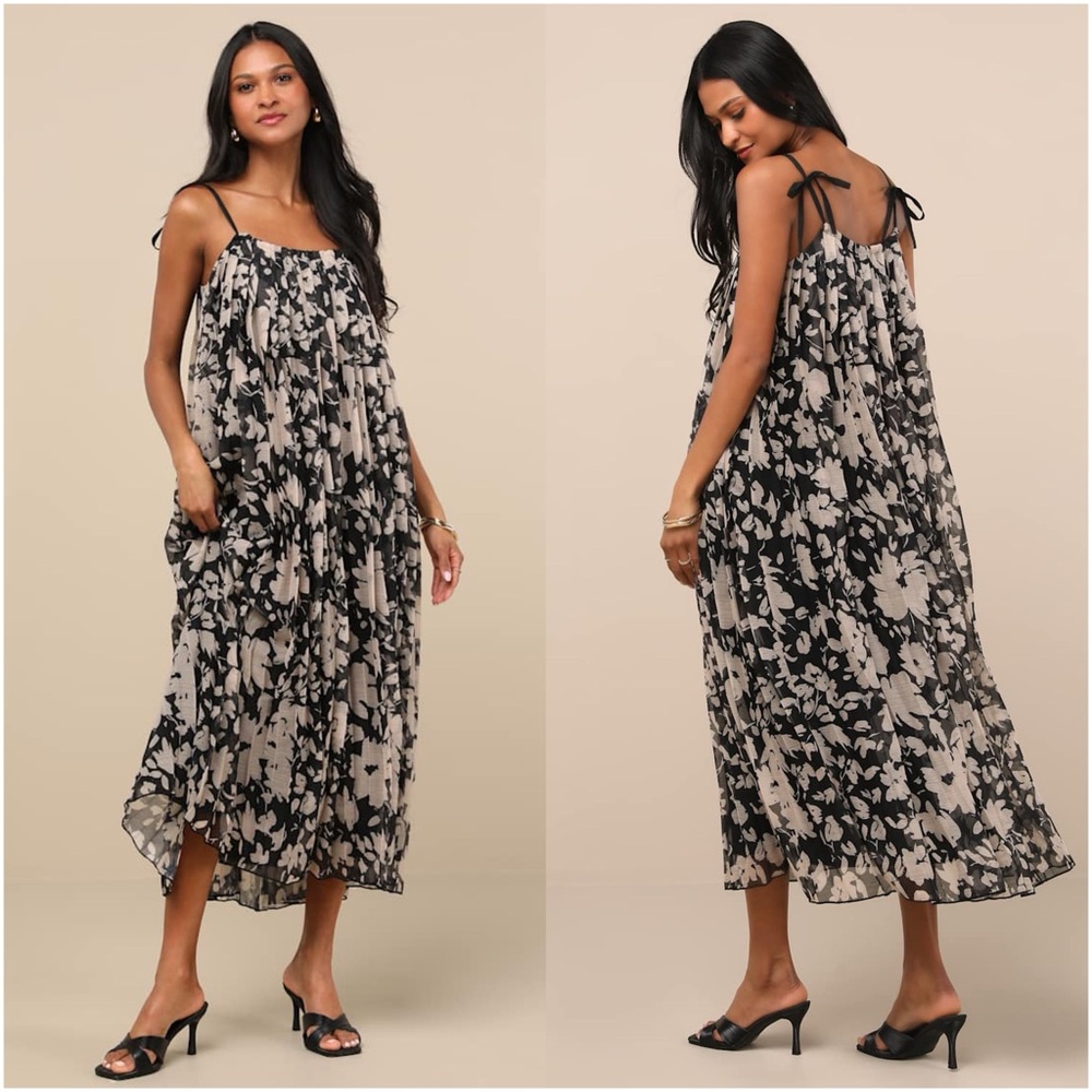 Lulu's Black and Cream Floral Tiered Midi Dress